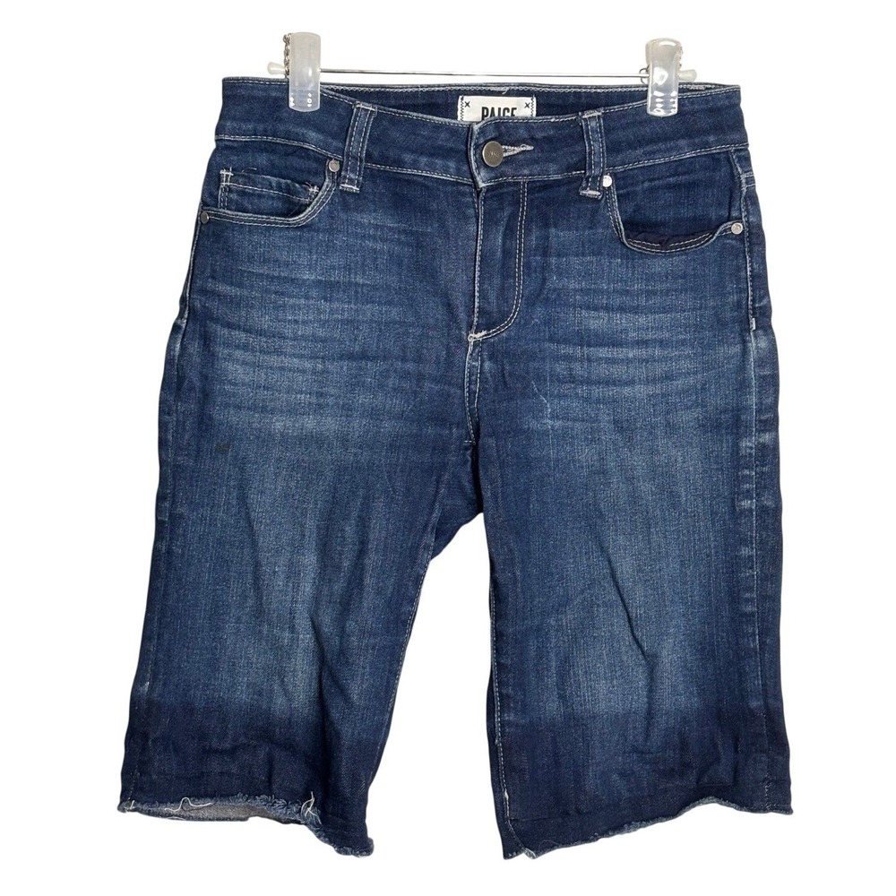 Paige Jax Knee Shorts Dark Wash Raw Hem Denim Bermuda Shorts | Size 25 - Picture 2 of 6